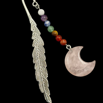 Metal Feather, Gemstone Moon & Chakra Stone Bookmark - Raven's Cauldron