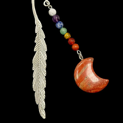 Metal Feather, Gemstone Moon & Chakra Stone Bookmark - Raven's Cauldron