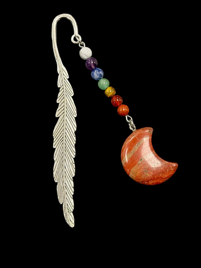 Metal Feather, Gemstone Moon & Chakra Stone Bookmark - Raven's Cauldron