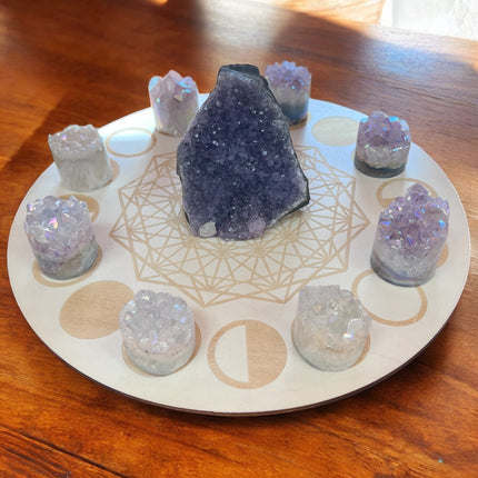 12-inch wooden engraved moon phase crystal grid with geometric patterns - Raven's Cauldron, 6 N Sandusky St, Delaware, OH 43015