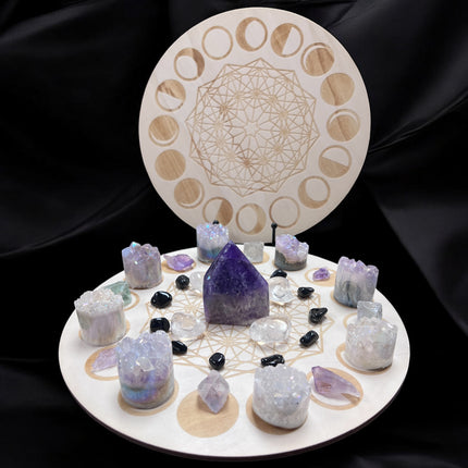 12-inch wooden engraved moon phase crystal grid with geometric patterns - Raven's Cauldron, 6 N Sandusky St, Delaware, OH 43015