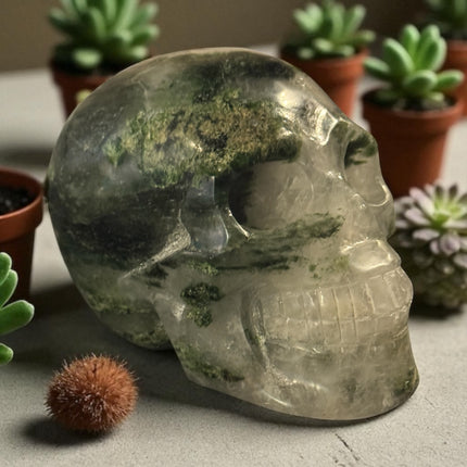 Moss Agate Skull with Chlorite Inclusions – 1.58 lb Hand-Carved Crystal