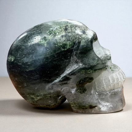 Moss Agate Skull with Chlorite Inclusions – 1.58 lb Hand-Carved Crystal