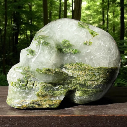 Moss Agate Skull with Chlorite Inclusions – 1.58 lb Hand-Carved Crystal