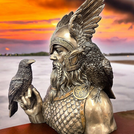 Odin, Norse God, Bust with Ravens Statue by Veronese Design - Raven's Cauldron