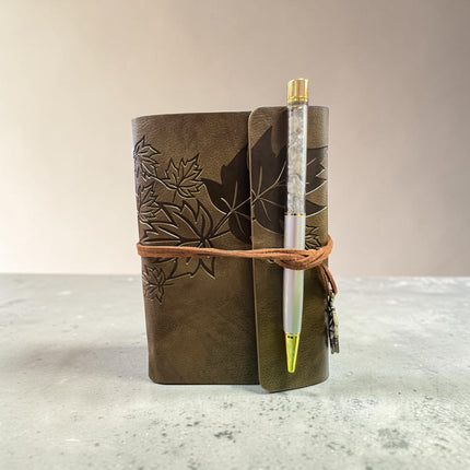 Maple Leaf Journal with matching crystal pen measuring 5.75 x 4.25 inches for journaling, tarot notes and spiritual writing.