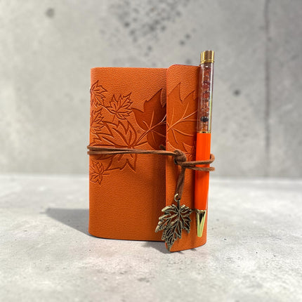Maple Leaf Journal with matching crystal pen measuring 5.75 x 4.25 inches for journaling, tarot notes and spiritual writing.