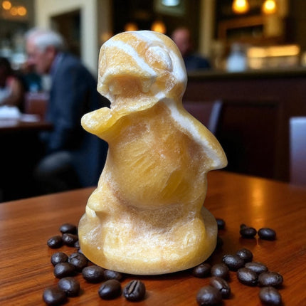 5-inch hand-carved Orange Stripe Calcite Charmander with bold orange and white banding, polished to a high shine