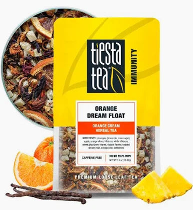 Tiesta Tea Orange Dream Float loose leaf herbal tea in a 2.5 oz pouch with bright orange cream-inspired packaging.