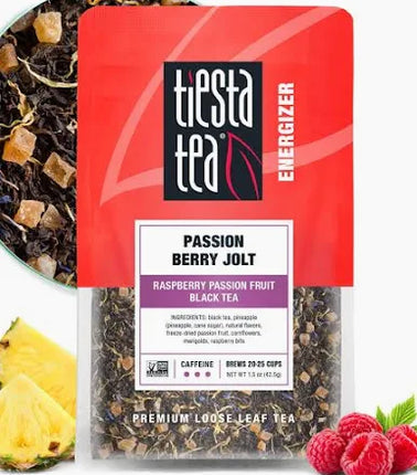 Tiesta Tea Passion Berry Jolt loose leaf tea in a 1.5 oz resealable pouch with colorful berry-inspired packaging.