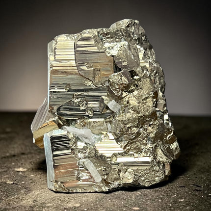 Cubic Pyrite crystal specimen from Huanzala Mine Peru with natural metallic striations – Raven's Cauldron, Delaware, OH