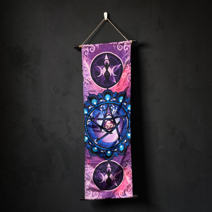Pentagram Wall Banner made from high-quality French Crepe Poly measuring 12 x 39 inches for Pagan altar, Wiccan décor, and sacred space decorating – Raven's Cauldron, Delaware, OH