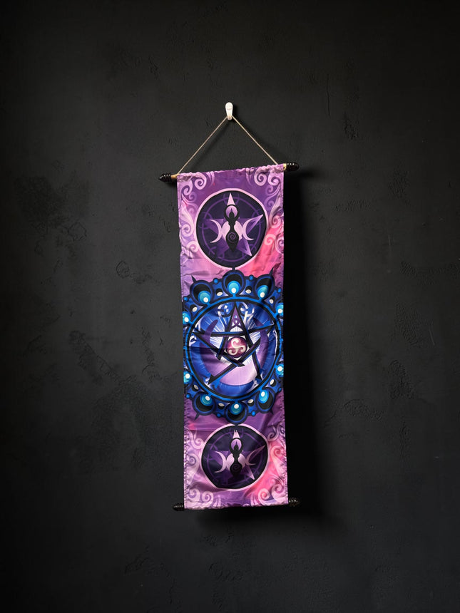 Pentagram Wall Banner made from high-quality French Crepe Poly measuring 12 x 39 inches for Pagan altar, Wiccan décor, and sacred space decorating – Raven's Cauldron, Delaware, OH