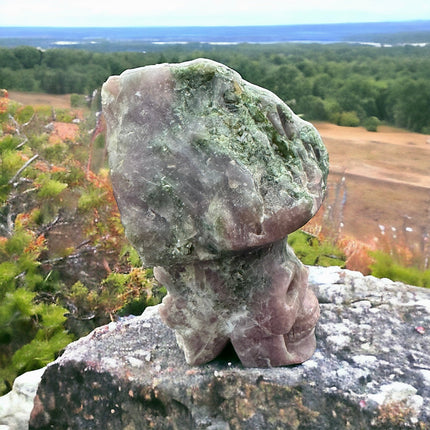 Pink and Green Tourmaline Skull Carving - Primitive Stone Sculpture - Raven's Cauldron