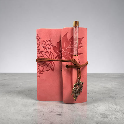 Maple Leaf Journal with matching crystal pen measuring 5.75 x 4.25 inches for journaling, tarot notes and spiritual writing.