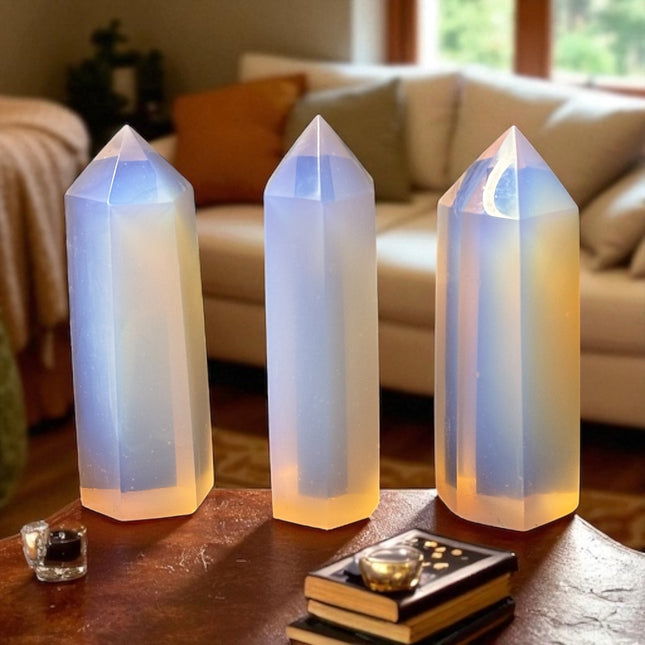 Pink Opalite Tower crystal for meditation and chakra healing – clear pink energy stone with glossy finish, 3 to 4 inches tall.