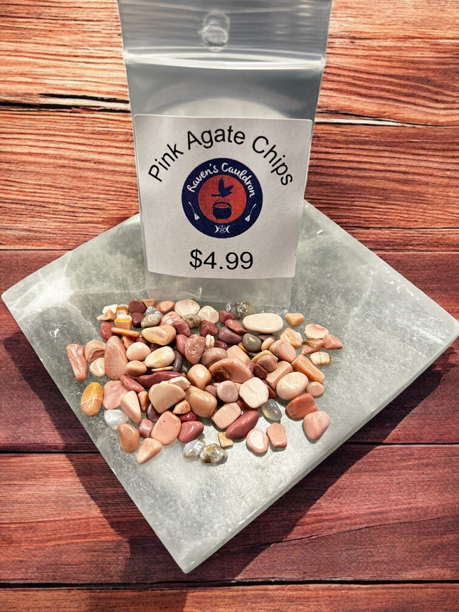 Pink Agate Gemstone Chips, 1 oz bags, Raven's Cauldron, 6 N. Sandusky St, Delaware, OH 43015