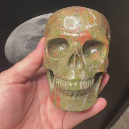 1521g Unakite crystal skull in earthy green and pink tones – Raven’s Cauldron, 6 N Sandusky St, Delaware, OH 43015