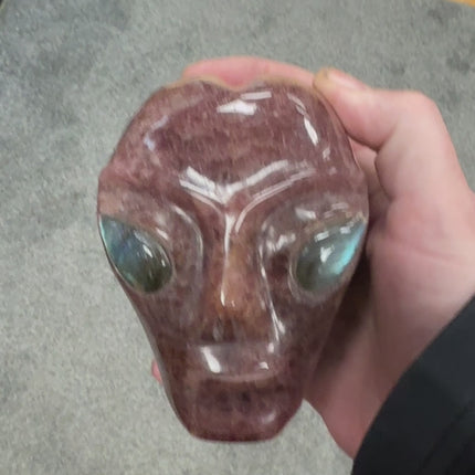 Strawberry Quartz Alien Skull Carving With Labradorite Eyes