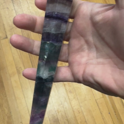 8-inch natural Rainbow Fluorite scepter with copper zodiac stand