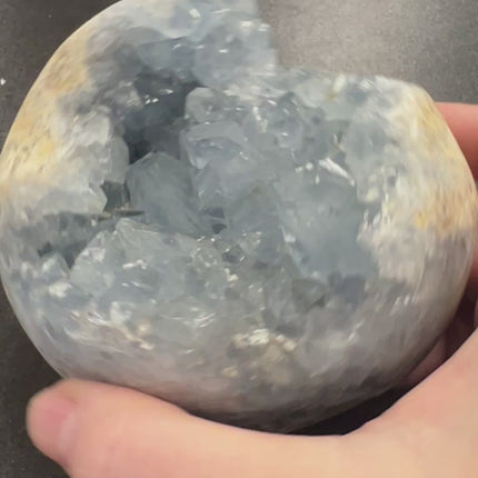High-quality Celestite geode with light blue crystals, weighing 3.06 lbs and measuring 3.75 x 3 inches – perfect for spiritual peace and clarity. Raven's Cauldron, 6 N. Sandusky St., Delaware, OH 43015