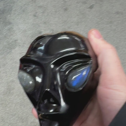 Black Obsidian Alien Skull Carving With Labradorite Eyes