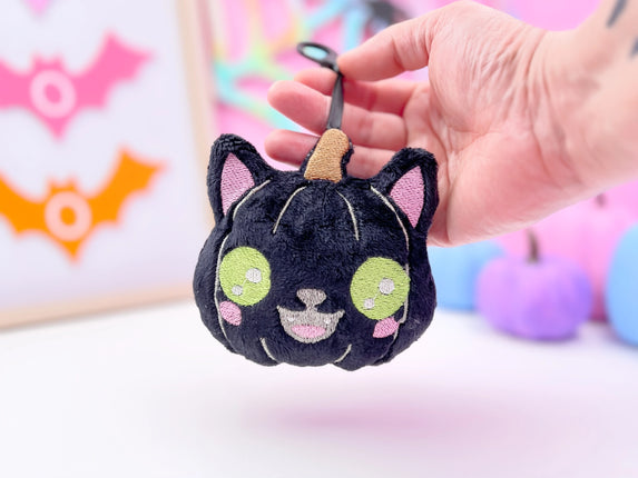 Creepy cute gurokawa black cat pumpkin plush bag charm by Kawaii Hair Candy