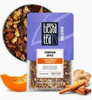 Tiesta Tea Pumpkin Spice loose leaf herbal tea in a 2 oz pouch featuring warm autumn-inspired packaging.