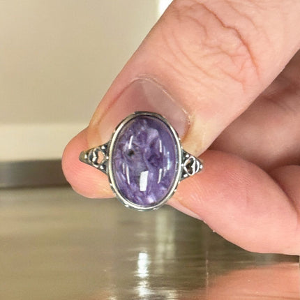 Purple Charoite Ring, Adjustable Silver Anxiety Ring, Crystal Shop Jewelry, Bijoux Charoite - Raven's Cauldron