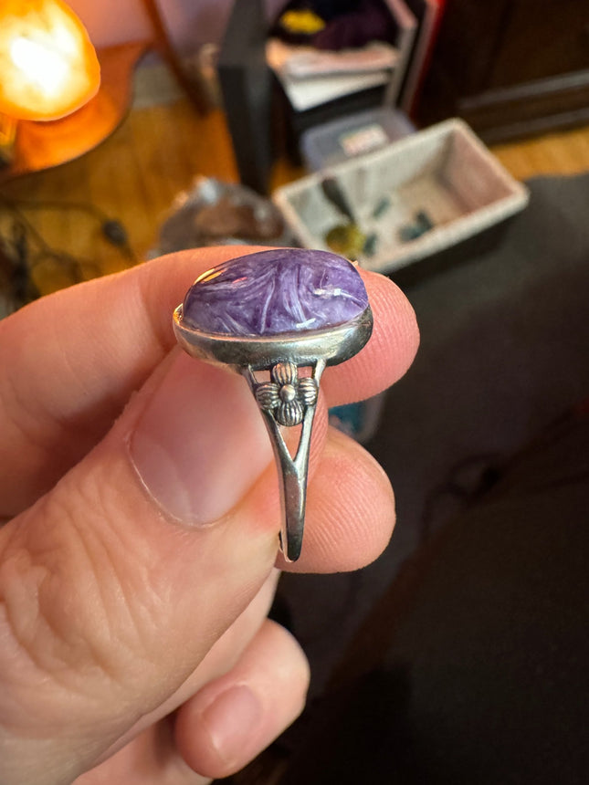 Purple Charoite Ring, Adjustable Silver Anxiety Ring, Crystal Shop Jewelry, Bijoux Charoite - Raven's Cauldron