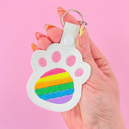 Rainbow Pride Cat Paw Keychain in white by Kawaii Hair Candy, kawaii snap tab key fob