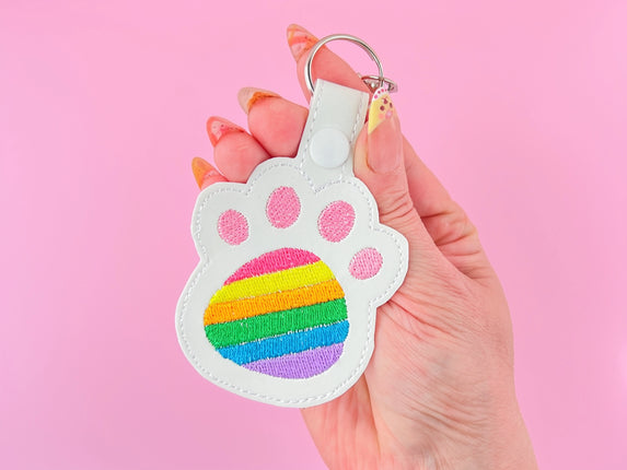 Rainbow Pride Cat Paw Keychain in white by Kawaii Hair Candy, kawaii snap tab key fob