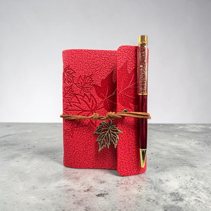 Maple Leaf Journal with matching crystal pen measuring 5.75 x 4.25 inches for journaling, tarot notes and spiritual writing.