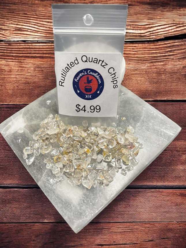 Rutilated Quartz Gemstone Chips, 1 oz bags, Raven's Cauldron, 6 N. Sandusky St., Delaware, OH 43015