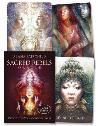 Sacred Rebels Oracle Pocket Edition by Alana Fairchild featuring visionary artwork by Autumn Skye, 45-card mini oracle deck published by Llewellyn and Blue Angel.