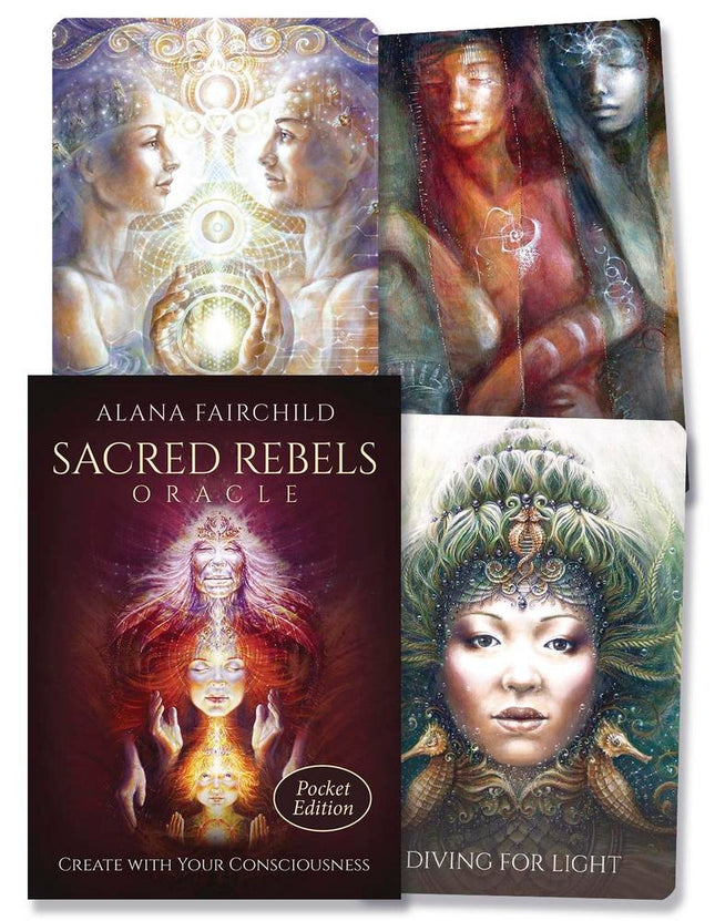Sacred Rebels Oracle Pocket Edition by Alana Fairchild featuring visionary artwork by Autumn Skye, 45-card mini oracle deck published by Llewellyn and Blue Angel.