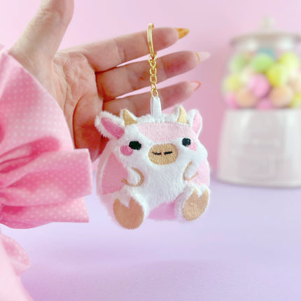 Kawaii Strawberry Milk Cow plush keychain bag charm by Kawaii Hair Candy