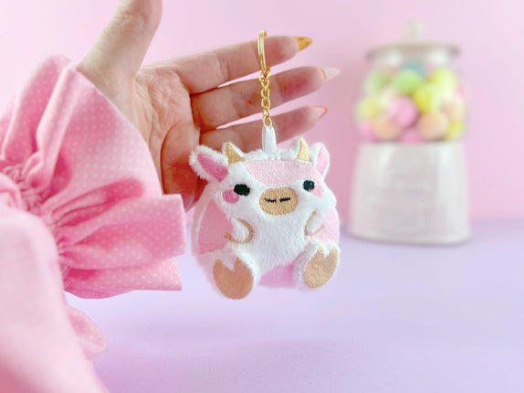 Kawaii Strawberry Milk Cow plush keychain bag charm by Kawaii Hair Candy
