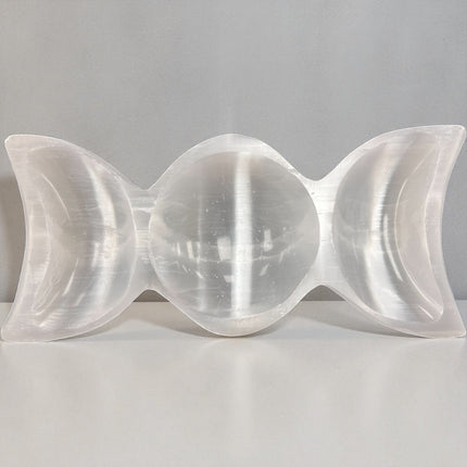9-inch Selenite Triple Moon Goddess Bowl for charging crystals and altar offerings, Raven's Cauldron, 6 N Sandusky St, Delaware, Oh 43015