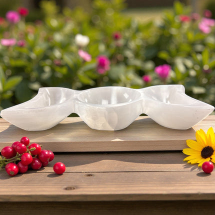 9-inch Selenite Triple Moon Goddess Bowl for charging crystals and altar offerings, Raven's Cauldron, 6 N Sandusky St, Delaware, Oh 43015