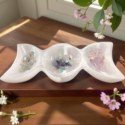 9-inch Selenite Triple Moon Goddess Bowl for charging crystals and altar offerings, Raven's Cauldron, 6 N Sandusky St, Delaware, Oh 43015