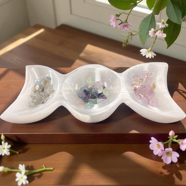9-inch Selenite Triple Moon Goddess Bowl for charging crystals and altar offerings, Raven's Cauldron, 6 N Sandusky St, Delaware, Oh 43015