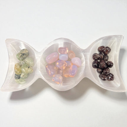 9-inch Selenite Triple Moon Goddess Bowl for charging crystals and altar offerings, Raven's Cauldron, 6 N Sandusky St, Delaware, Oh 43015