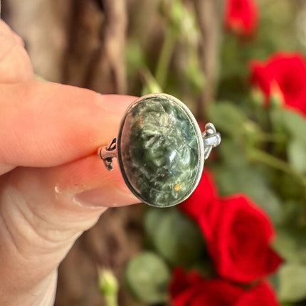 Seraphinite Ring, Adjustable 925 Silver Statement Ring, Green Stone Ring, Seraphinite Jewelry, Anxiety Ring, Crystal Shop Jewelry - Raven's Cauldron