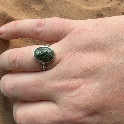 Seraphinite Ring, Adjustable 925 Silver Statement Ring, Green Stone Ring, Seraphinite Jewelry, Anxiety Ring, Crystal Shop Jewelry - Raven's Cauldron