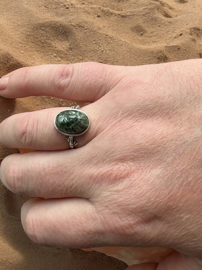 Seraphinite Ring, Adjustable 925 Silver Statement Ring, Green Stone Ring, Seraphinite Jewelry, Anxiety Ring, Crystal Shop Jewelry - Raven's Cauldron