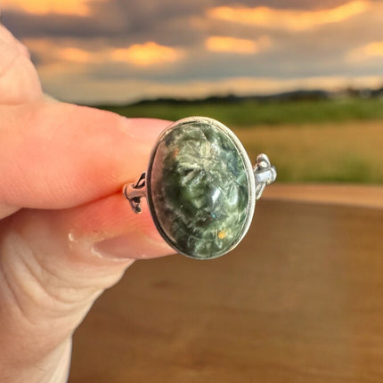 Seraphinite Ring, Adjustable 925 Silver Statement Ring, Green Stone Ring, Seraphinite Jewelry, Anxiety Ring, Crystal Shop Jewelry - Raven's Cauldron