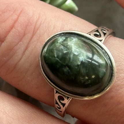 Seraphinite Ring, Adjustable 925 Silver Statement Ring, Green Stone Ring, Seraphinite Jewelry, Anxiety Ring, Crystal Shop Jewelry - Raven's Cauldron