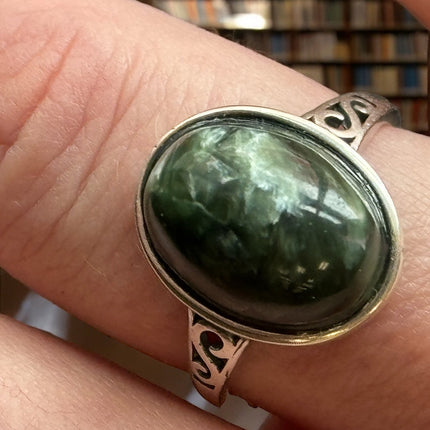 Seraphinite Ring, Adjustable 925 Silver Statement Ring, Green Stone Ring, Seraphinite Jewelry, Anxiety Ring, Crystal Shop Jewelry - Raven's Cauldron