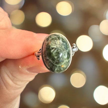 Seraphinite Ring, Adjustable 925 Silver Statement Ring, Green Stone Ring, Seraphinite Jewelry, Anxiety Ring, Crystal Shop Jewelry - Raven's Cauldron